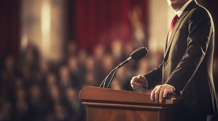 politician gives a speech on the podium at the department. - Powered by Adobe