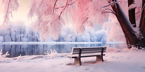 Bench in city snowy winter park with lake and beautiful trees in frosty weather. - obrazy, fototapety, plakaty