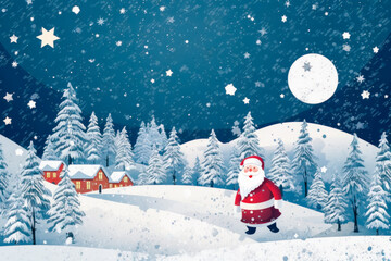 Santa Claus is in forest at night with stars and moon. Merry Christmas and Happy New Year holiday concept