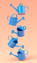 Set of watering cans on orange background. 3d render of gardening equipment tool