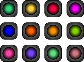 zwölf verschiedenfarbige buttons vor grauem hintergrund in 3D-optik, modernes abstraktes design, sammlung von logos 