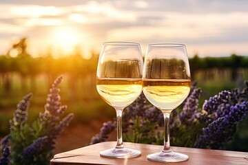 Two glasses with white wine on background of a lavender field.