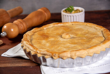 chicken pie, pie on rustic wooden table