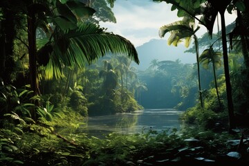 Naklejka premium A serene river flowing through a vibrant jungle landscape