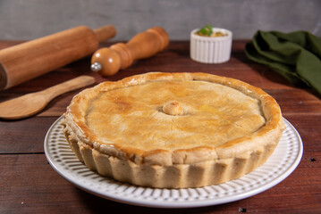 chicken pie, pie on rustic wooden table