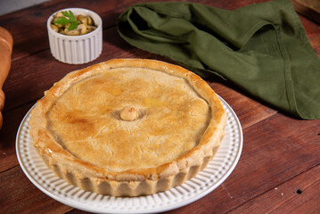 chicken pie, pie on rustic wooden table
