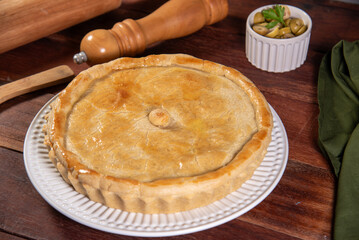 chicken pie, pie on rustic wooden table
