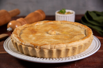 chicken pie, pie on rustic wooden table