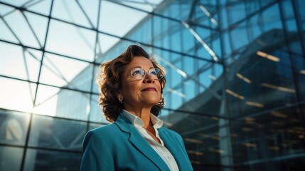 Fototapeta premium Portrait of a mid adult Mexican businesswoman in front of a modern corporate glass building