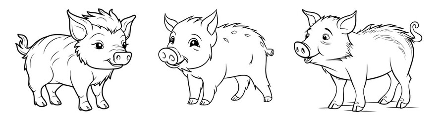 Cute boar or wild forest pig - simple thick lines, kids preschool children cartoon coloring book pages. Generative AI