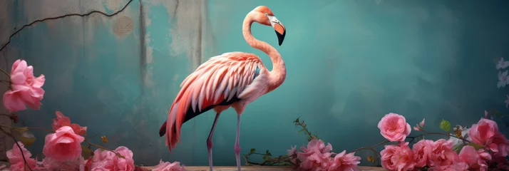 Fotobehang Pink flamingo on the background of the wall with exotic beautiful flowers, bright tropical banner © pundapanda