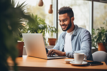 Fototapeta premium Business black man in casual wear laptop while working on laptop at home office. Young man freelancer online working, telecommuting.