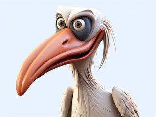 An Angry 3D Cartoon Pelican on a Solid Background