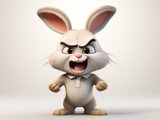 An Angry 3D Cartoon Rabbit on a Solid Background