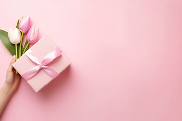 Pink gift box with ribbon bow and bouquet of tulips on isolated pastel pink background. - obrazy, fototapety, plakaty