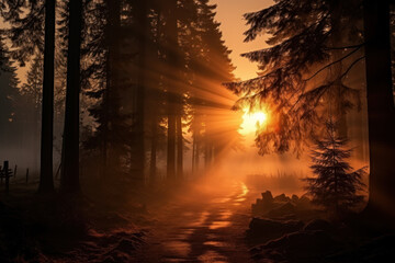 Mystical mysterious fog in the forest at sunset