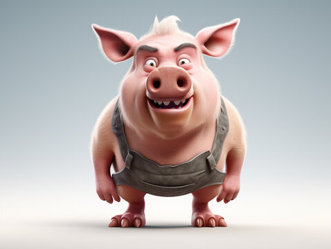 An Angry 3D Cartoon Pig on a Solid Background