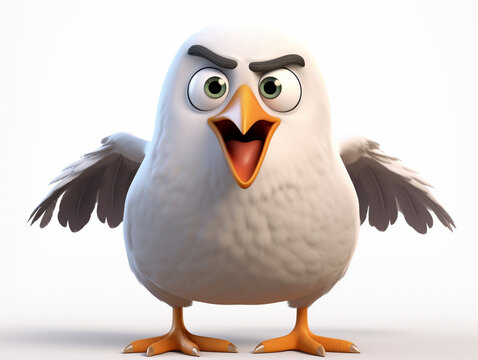 An Angry 3D Cartoon Seagull on a Solid Background