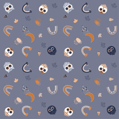 Seamless children's pattern with the image of owls, rainbows, clouds, moon, leaves, pine cones in boho style on a gray background, digital hand drawing.