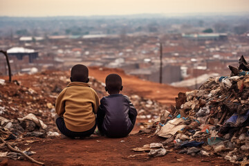 Lonely african children back view sitting on a garbage dump and looking at the city - obrazy, fototapety, plakaty