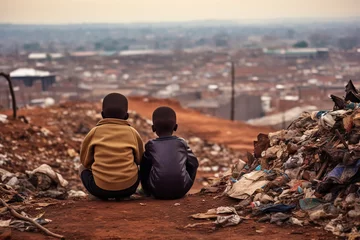 Fotobehang Lonely african children back view sitting on a garbage dump and looking at the city © colnihko