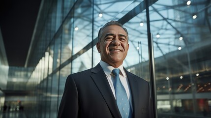 Portrait of a senior Mexican businessman in front of a modern corporate glass building