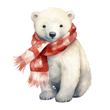 Watercolor Cute Polar Bear With Red Christmas Scarf isolated on a transparent background
