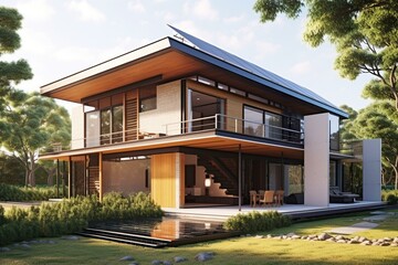 A stylish house with contemporary architecture featuring solar panels. Generative AI