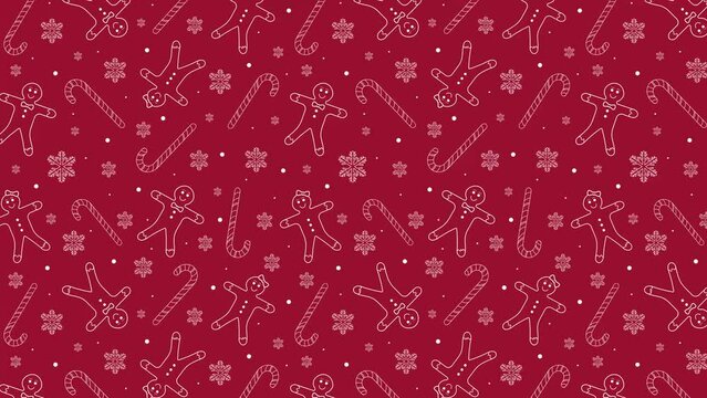 4K Animated Christmas Ginger Bread Cookies Candy Canes and Snow Fakes Motion Pattern Christmas sweets and decorations animated texture Can be used as card background or banner design template