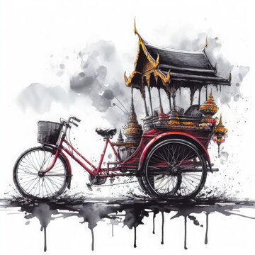 Watercolor painting "Tuk Tuk" tricycle from Thailand. Generative AI.