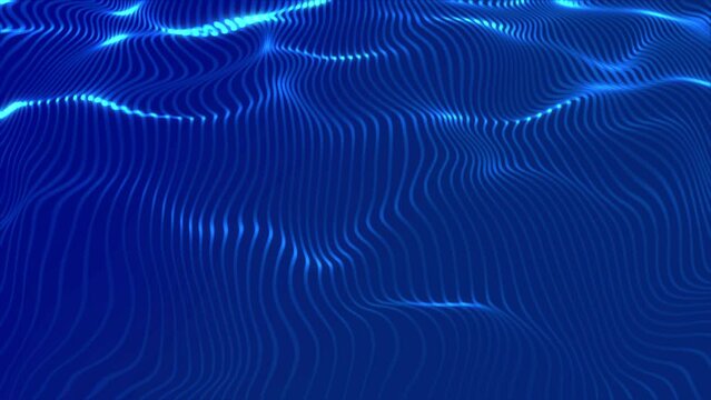 Blue abstract digital waves flowing on dark background . Digital sea background animation. Waves made of shining lines . Technology, innovations, coding.