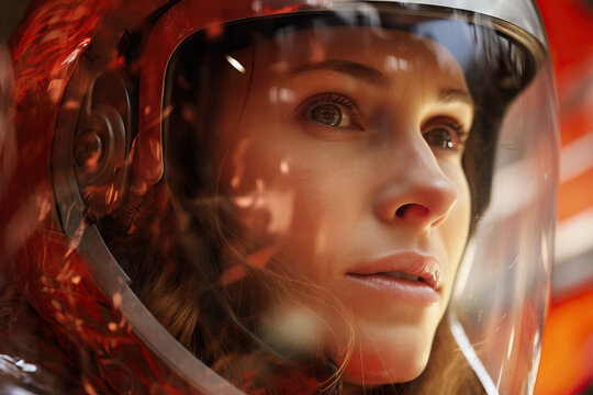 Generative AI image of astronaut's intense gaze with orange reflection