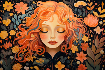 Generative AI image of woman with orange hair amid flowers