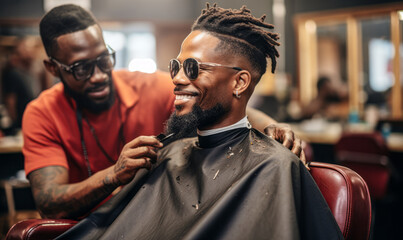 Community Vibes: Black Customers at a Local Barbershop - obrazy, fototapety, plakaty