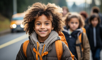 After-School Moments: Multiracial Children Exiting Bus in Rural Setting