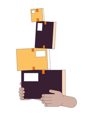 Carrying unstable stacked boxes linear cartoon character hands illustration. Holding unsteady cardboard parcels outline 2D vector image, white background. Challenge editable flat color clipart