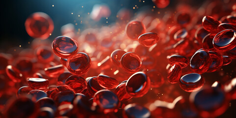 Blood and red blood cells, 3d rendering. Blood Clot or thrombus blocking the red blood cells stream within an artery. Illustration AI Generative - obrazy, fototapety, plakaty