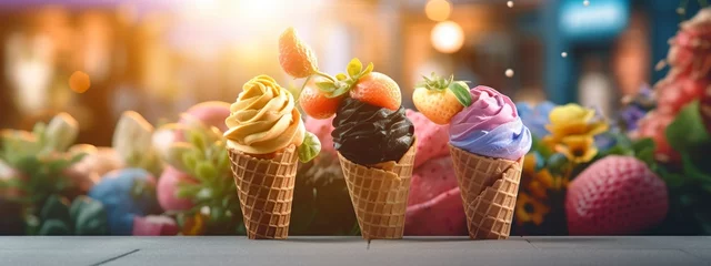 Foto op Plexiglas Banner with ice cream in a waffle cone on a summer day. © Emran