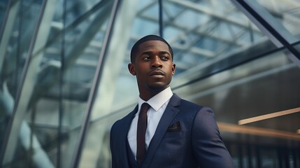 Portrait of a young African American businessman in front of a modern corporate glass building