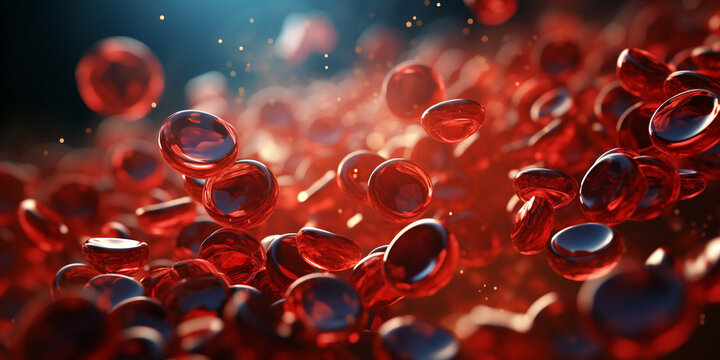 Blood and red blood cells, 3d rendering. Blood Clot or thrombus blocking the red blood cells stream within an artery. Illustration AI Generative © kalsoom