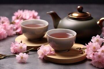 Traditional ceremony. Cups of brewed tea, teapot and sakura flowers on grey table.