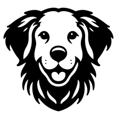 Black and white vector icon of an smiley golden retriever. Isolated in white. 