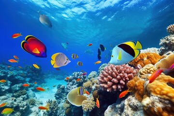 Naklejka na ściany i meble Underwater world with corals and tropical fish.