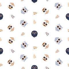 Seamless children's pattern with gray, brown and dark blue owls, leaves in boho style on a white background, digital hand drawing.