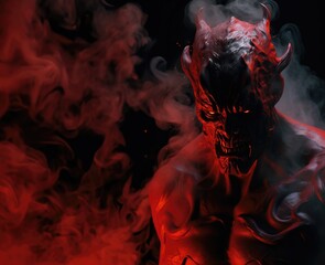 Grim reaper. red fantasy horror smoke and mist background. sharp horns. muscular. evil expression. Red devil, demon, Satan, belzebu. Black background. Sharp horns. Halloween concept. Hell, evil, bad. - obrazy, fototapety, plakaty