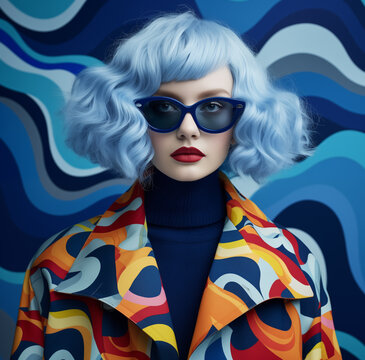 Fashion-forward woman with striking blue curly hair, adorned in trendy sunglasses and a vibrant patterned jacket, captures the essence of pop culture and modern style. Generative AI.