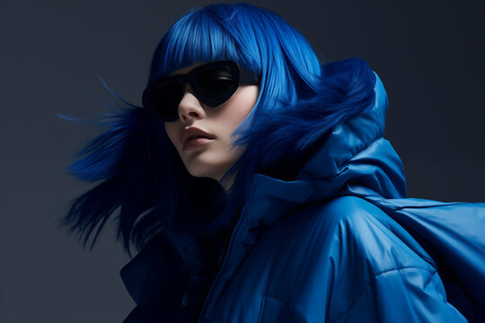 Stylish female figure with intense electric blue hair that flows like a wave, wearing dark sunglasses. She stands in contrast against a shadowy grey environment, evoking a sense of mystique and allure