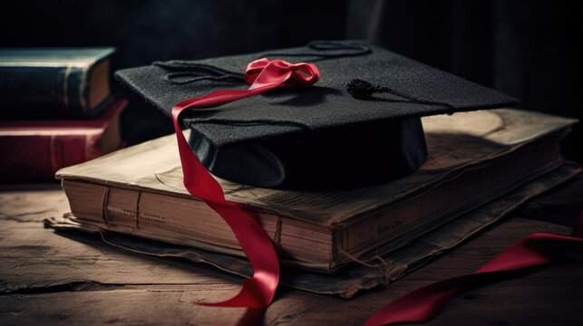 A mortarboard and graduation scroll, tied with red ribbon, on a stack of old battered book with empty space to the left. Slightly undersaturated with vignette for vintage effect.