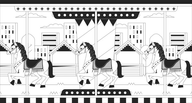 Sunset city carousel horses black and white lofi wallpaper. Fairground merry-go-round urban 2D outline scene cartoon flat illustration. Retro amusement park vector line lo fi aesthetic background