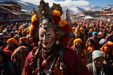 A vibrant display of cultural celebration during Losar, the Tibetan New Year, with a lively costumed parade - obrazy, fototapety, plakaty
